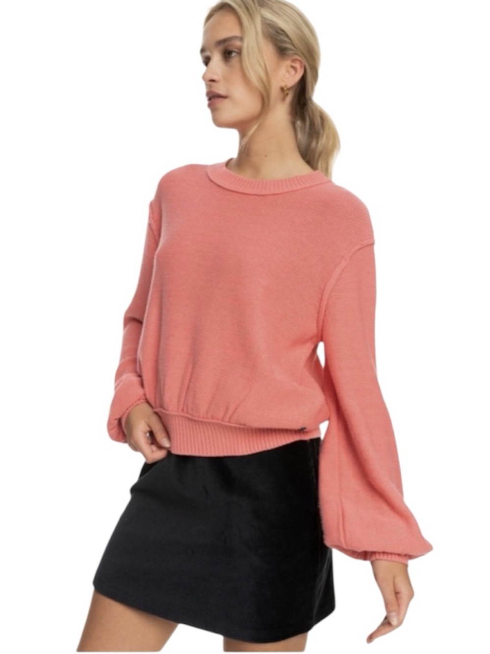 Roxy Loft Music Sweater - Tea Rose Coral Balloon Sleeve Crewneck Size XS